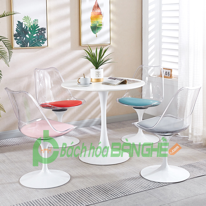 Bộ bàn ghế tulip trong suốt tiếp khách xoay 360 độ